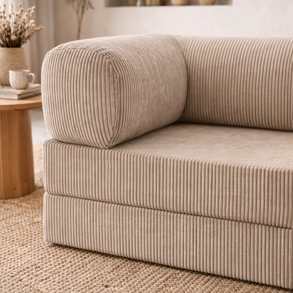 Canapé d'angle modulable velours côtelé 300X200 beige sable