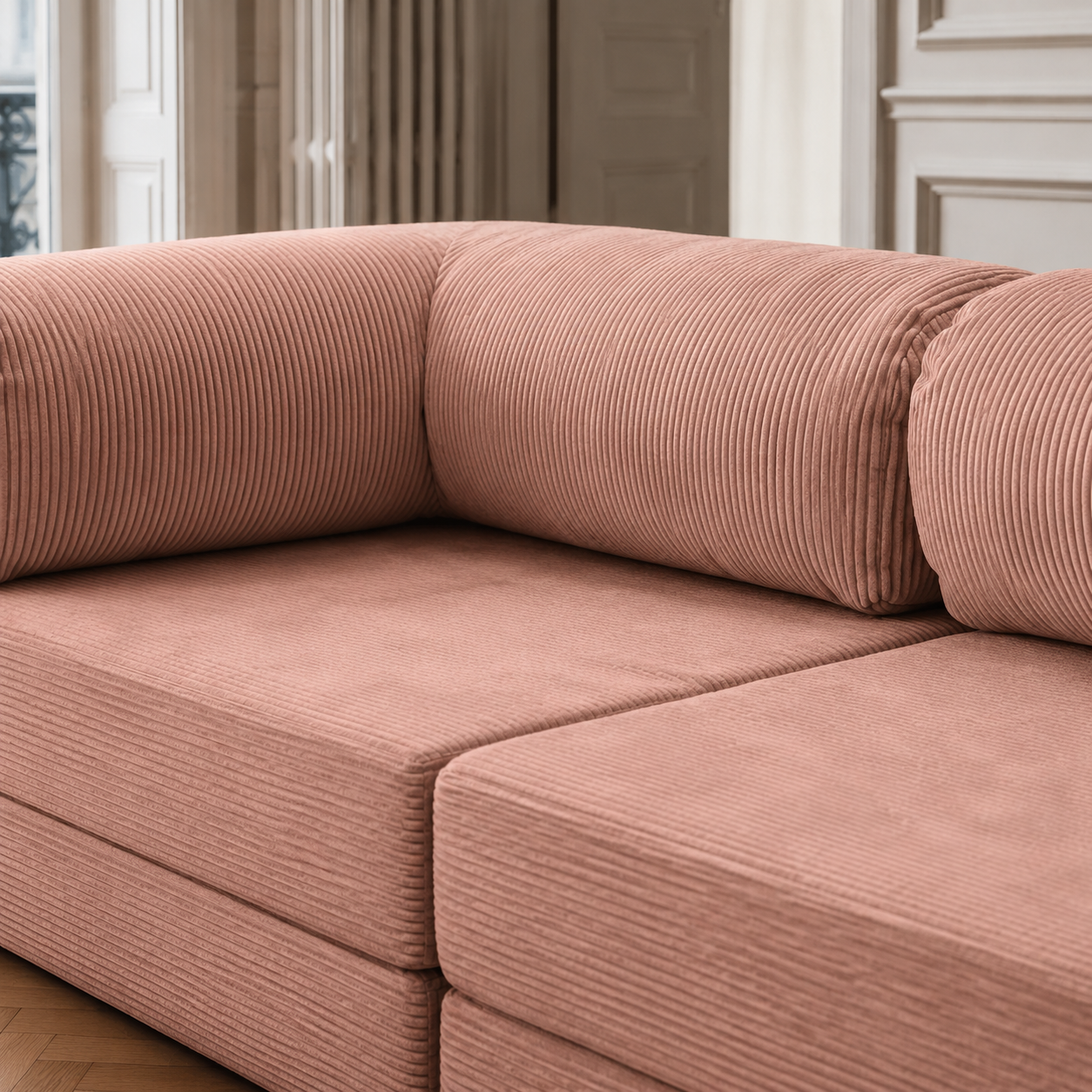 Canapé modulable velours côtelé 300X100 rose poudré