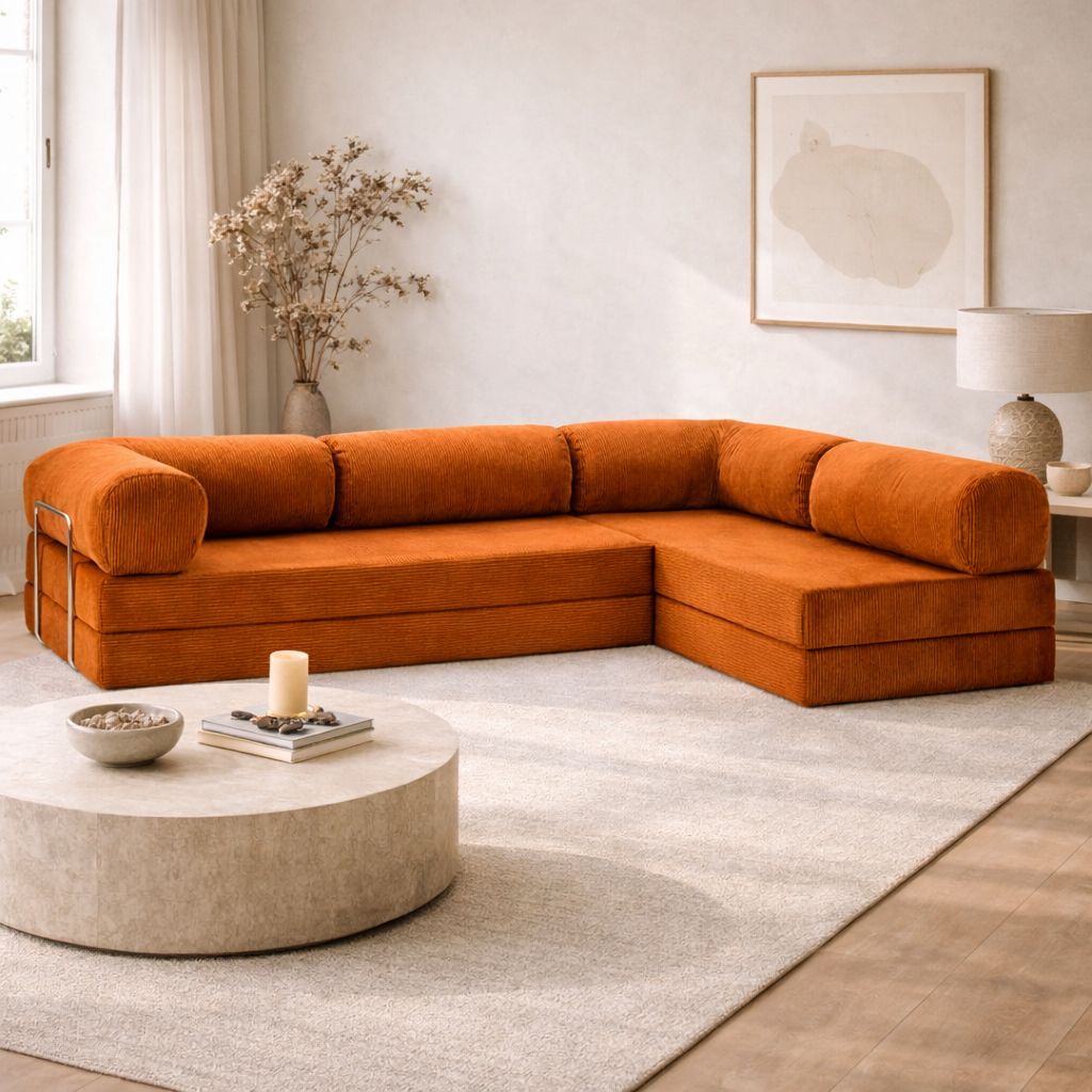 Canapé d'angle modulable velours côtelé 300X200 brun/orangé