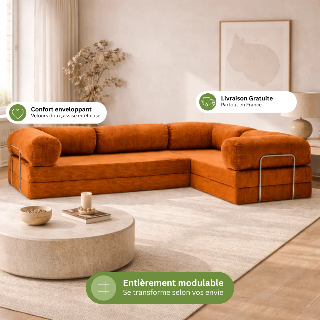 Canapé d'angle fermé modulable velours côtelé 300X200 brun/orangé