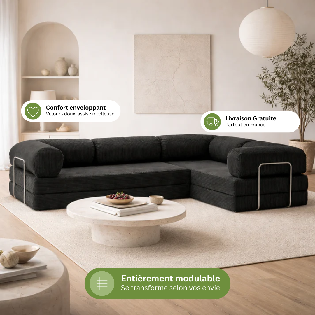 Canapé d'angle fermé modulable velours côtelé 300X200 noir
