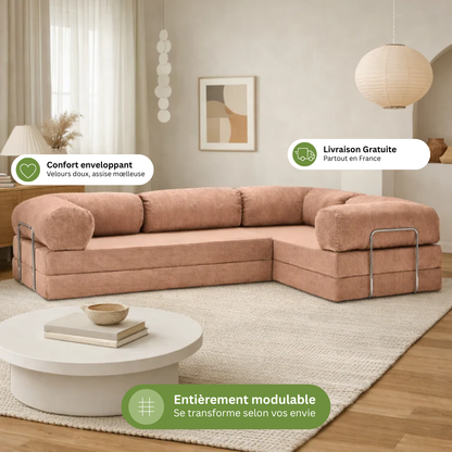 Canapé d'angle fermé modulable velours côtelé 300X200 beige sable