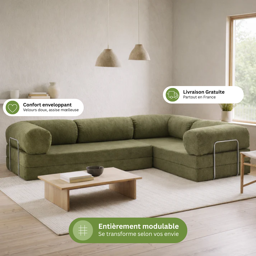 Canapé d'angle fermé modulable velours côtelé 300X200 vert olive