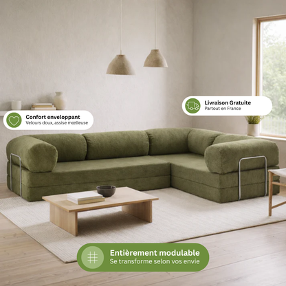 Canapé d'angle fermé modulable velours côtelé 300X200 vert olive