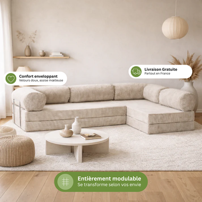Canapé d'angle modulable velours côtelé 300X200 blanc givre