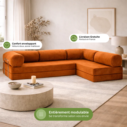 Canapé d'angle modulable velours côtelé 300X200 brun/orangé