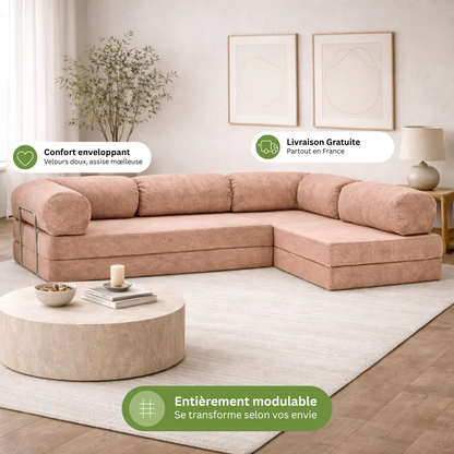 Canapé d'angle modulable velours côtelé 300X200 rose poudré