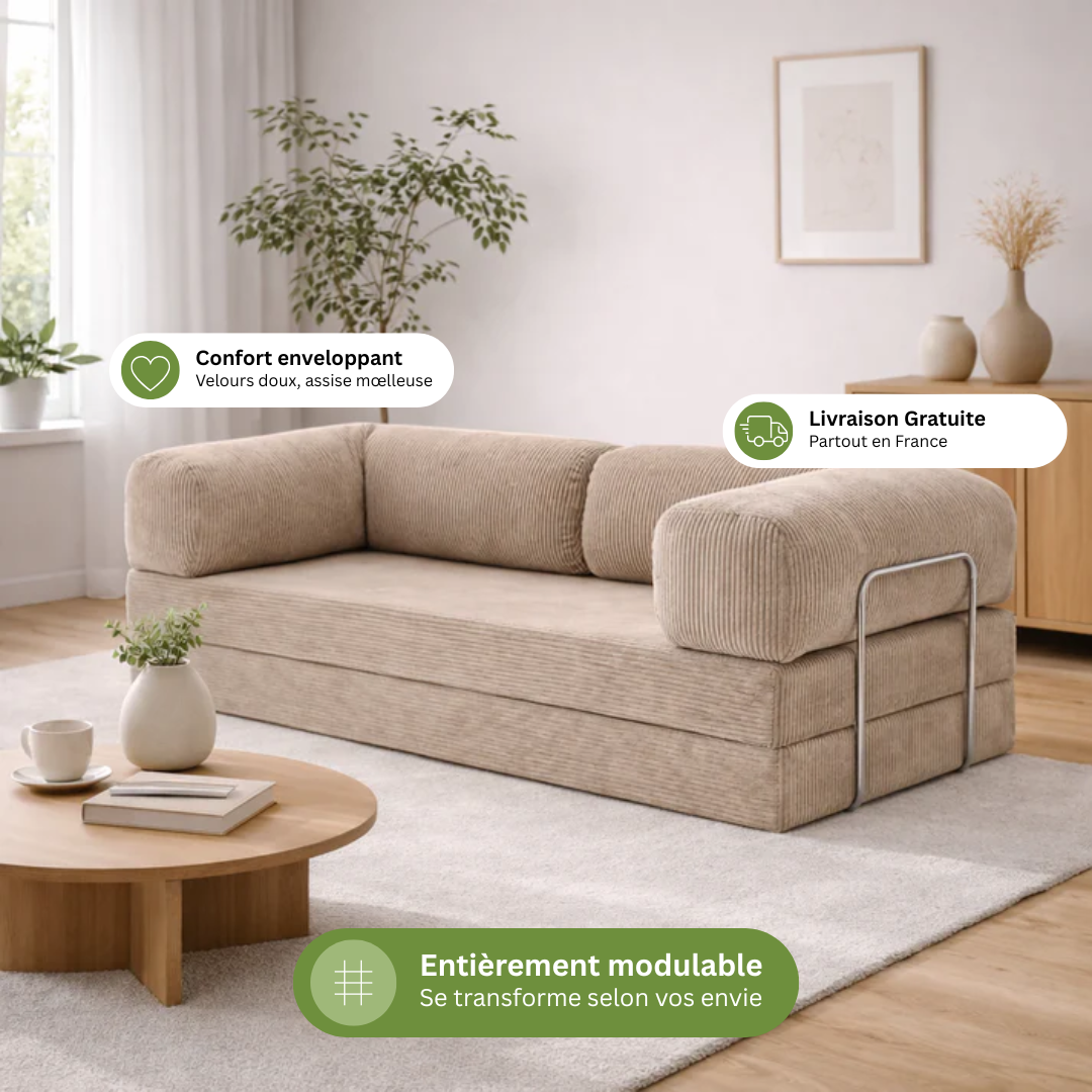 Canapé modulable velours côtelé 200X100 beige sable