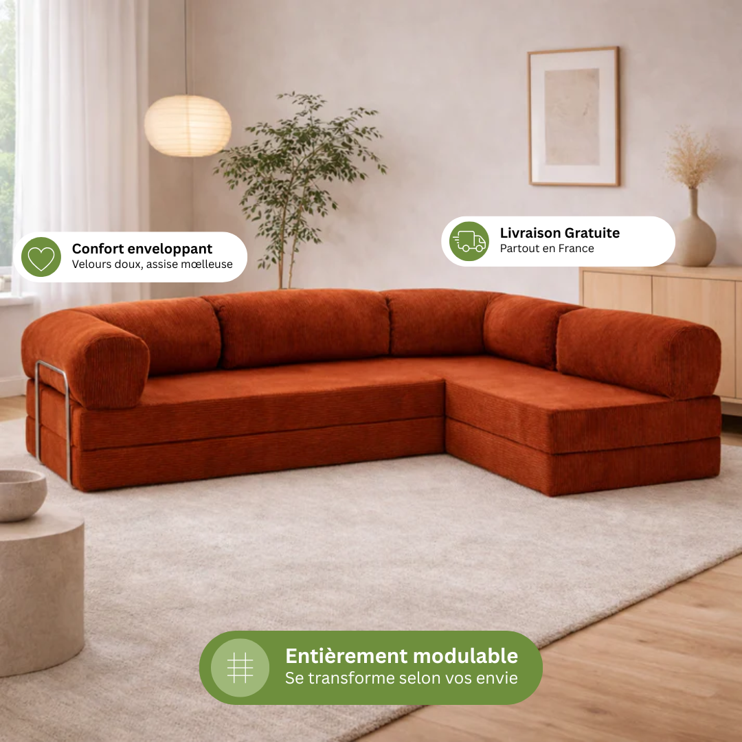 Canapé d'angle modulable velours côtelé 300X200 rouge brique