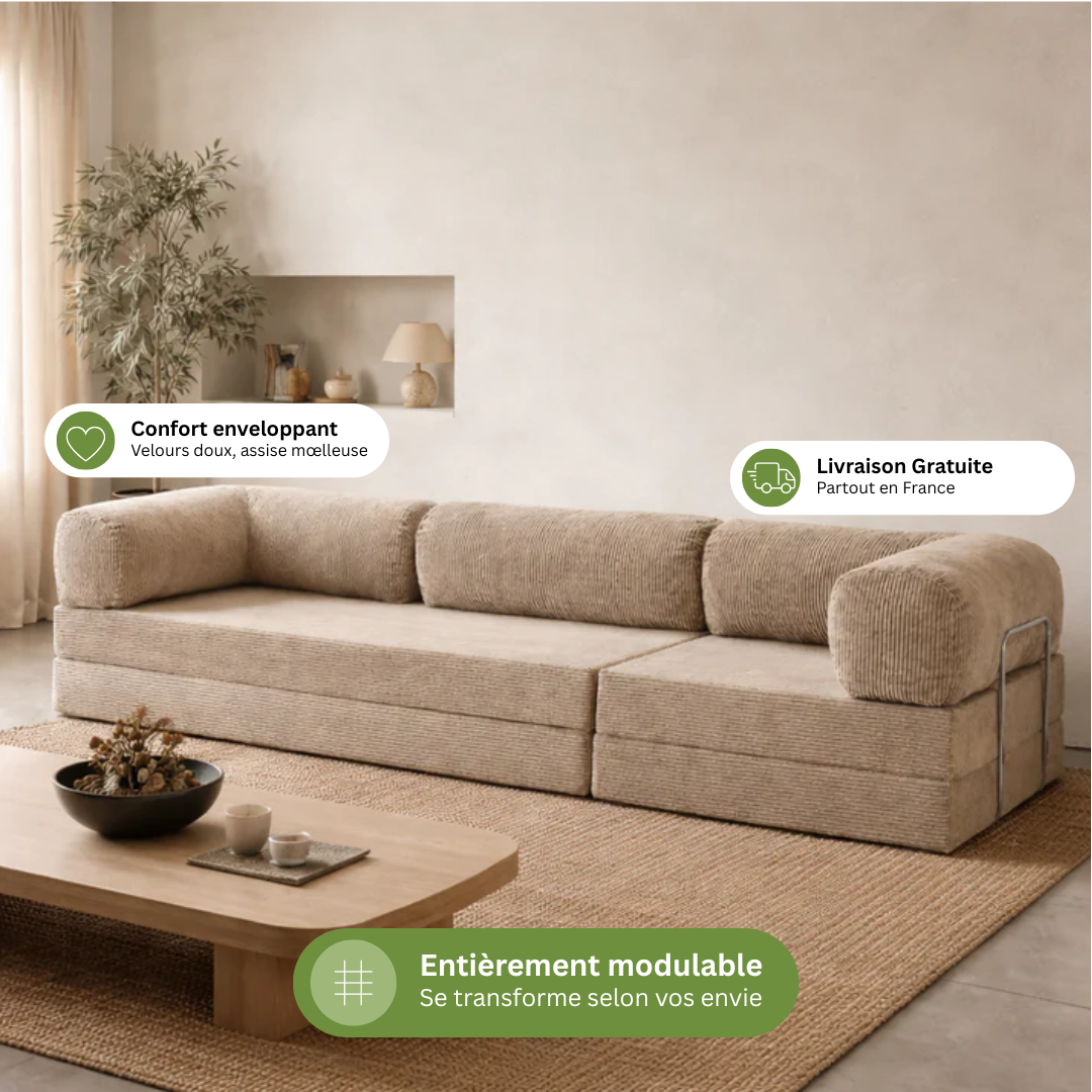 Canapé modulable velours côtelé 300X100 beige sable