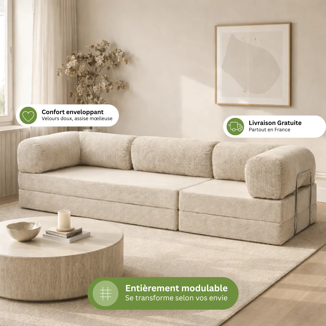 Canapé modulable velours côtelé 300X100 blanc givre