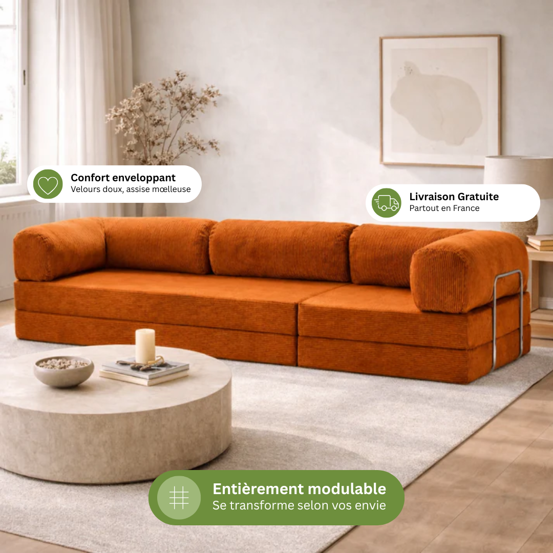 Canapé modulable velours côtelé 300X100 brun/orangé