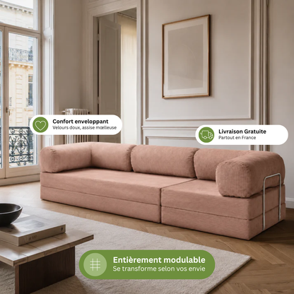 Canapé modulable velours côtelé 300X100 rose poudré