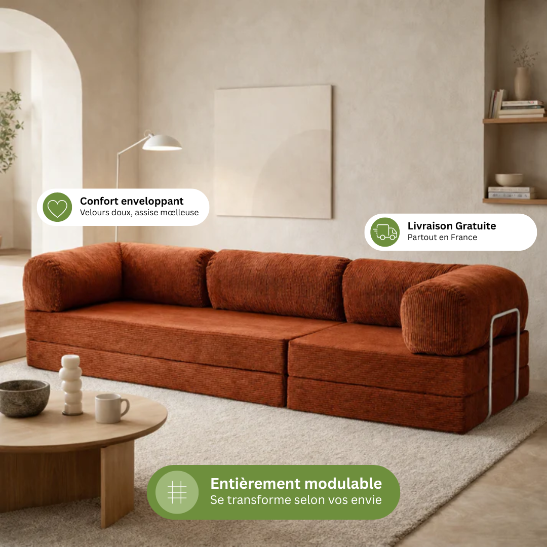 Canapé modulable velours côtelé 300X100 rouge brique