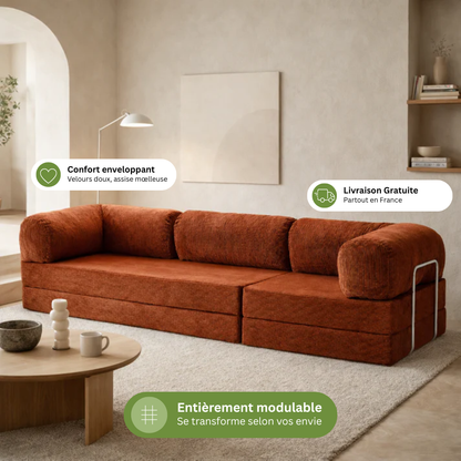 Canapé modulable velours côtelé 300X100 rouge brique