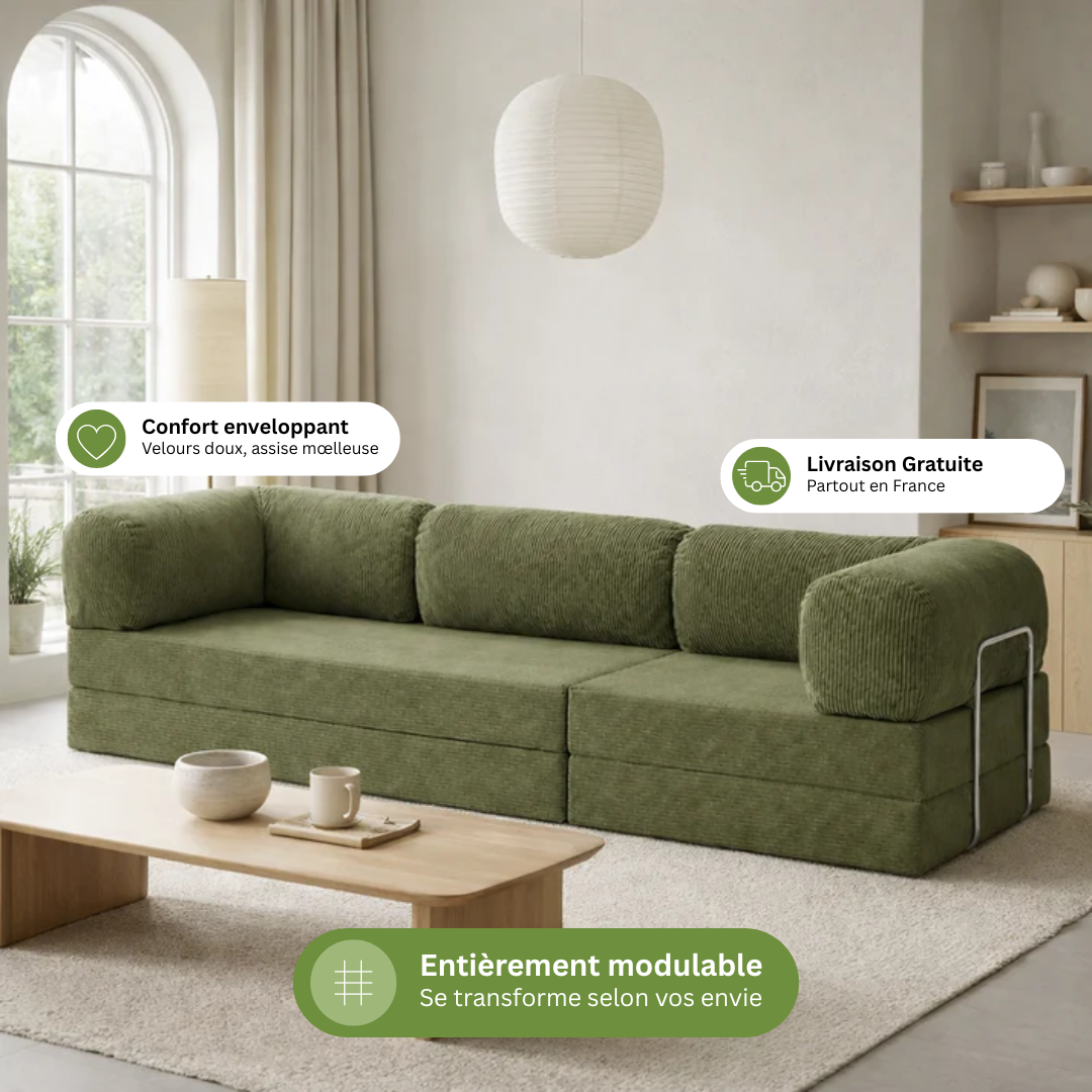Canapé modulable velours côtelé 300X100 vert olive