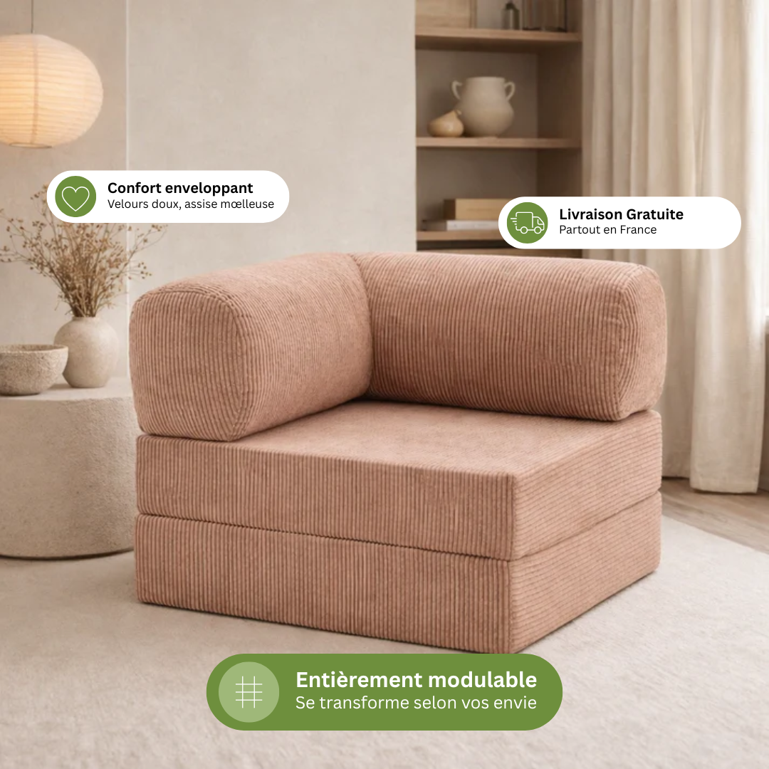 Fauteuil modulable velours côtelé 100X100 rose poudré