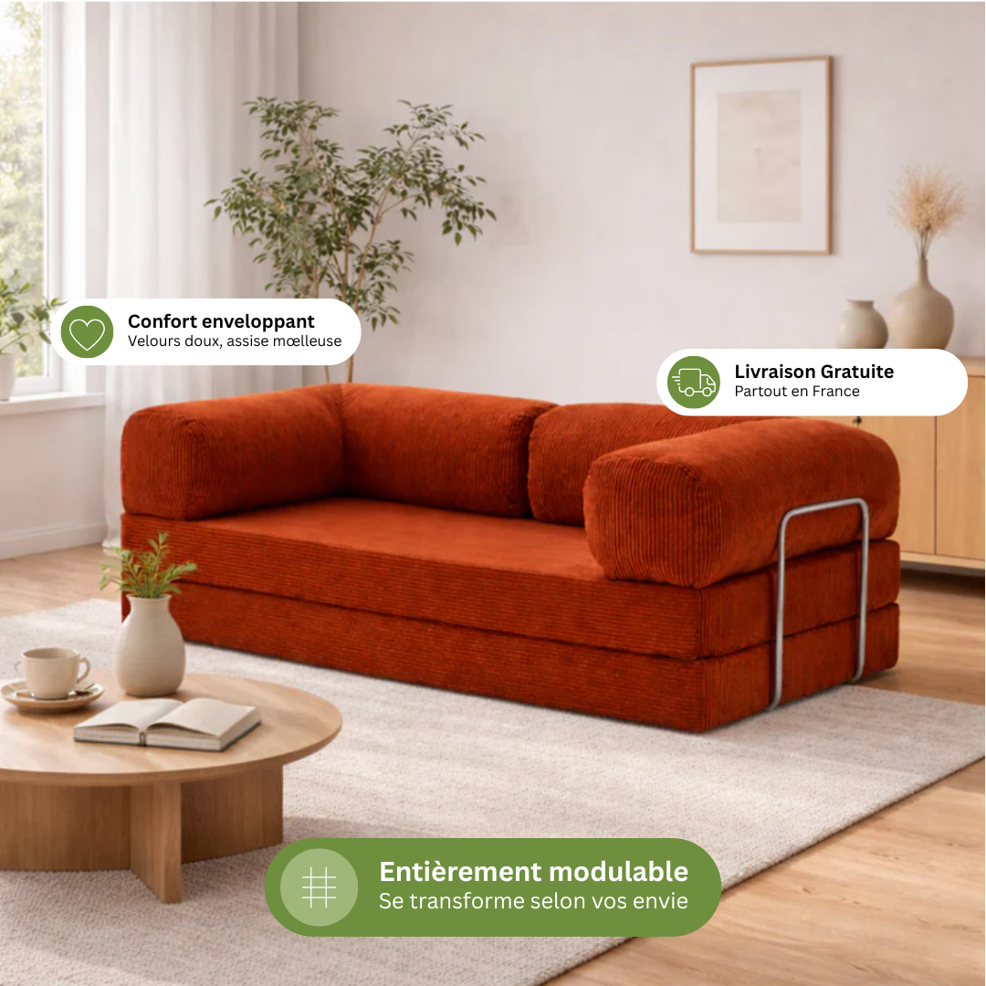 Canapé modulable velours côtelé 200X100 rouge brique
