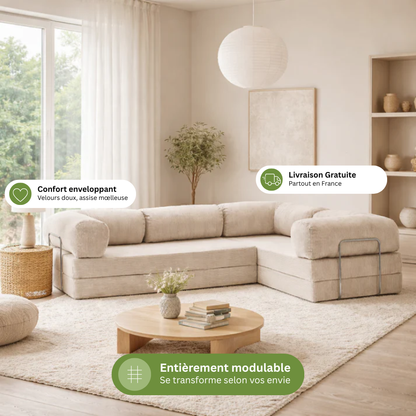 Canapé d'angle fermé modulable velours côtelé 300X200 blanc givre
