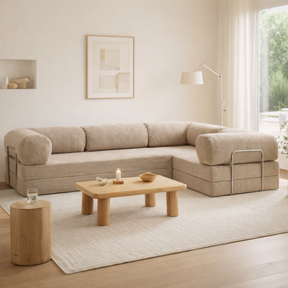Canapé d'angle fermé modulable velours côtelé 300X200 beige sable