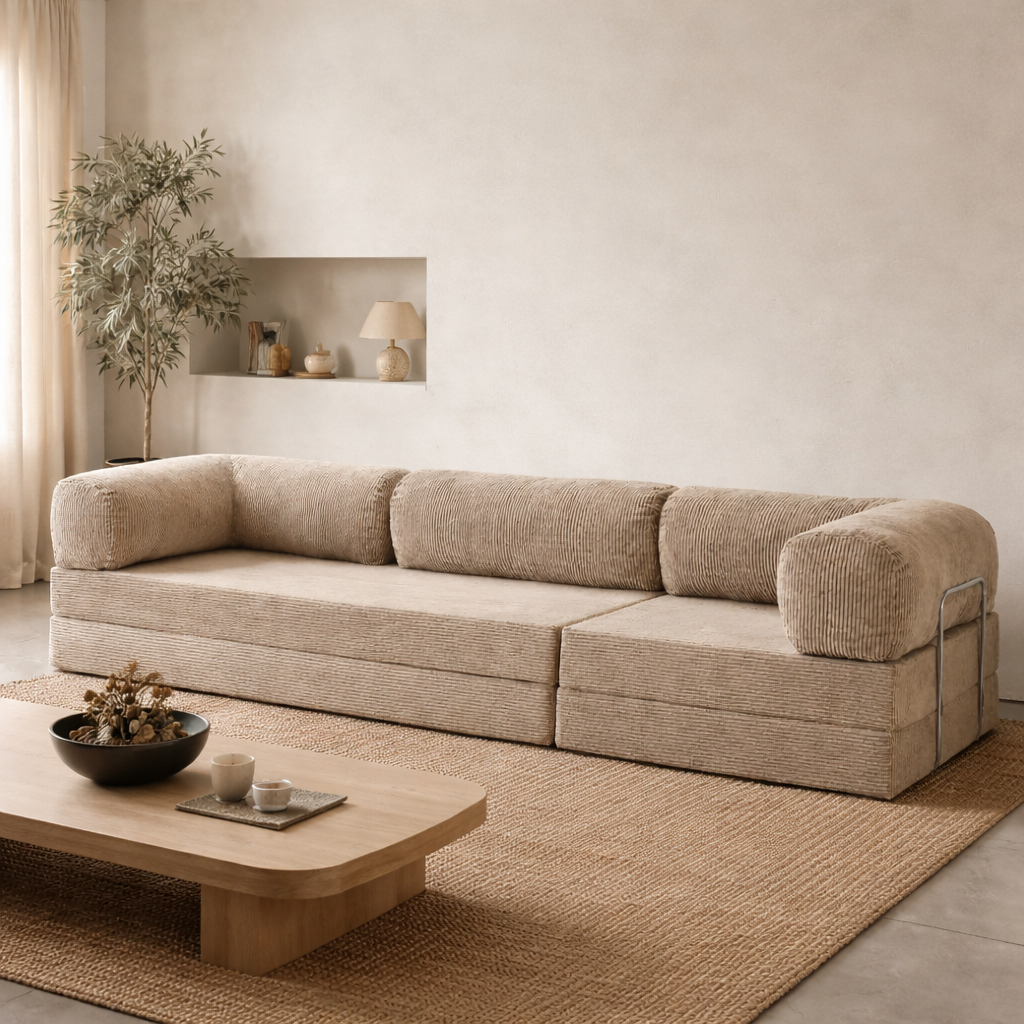 Canapé modulable velours côtelé 300X100 beige sable