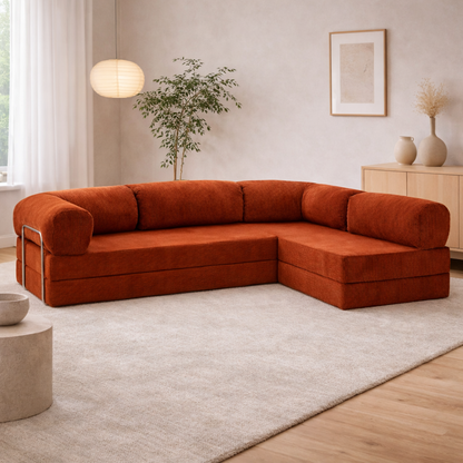 Canapé d'angle modulable velours côtelé 300X200 rouge brique