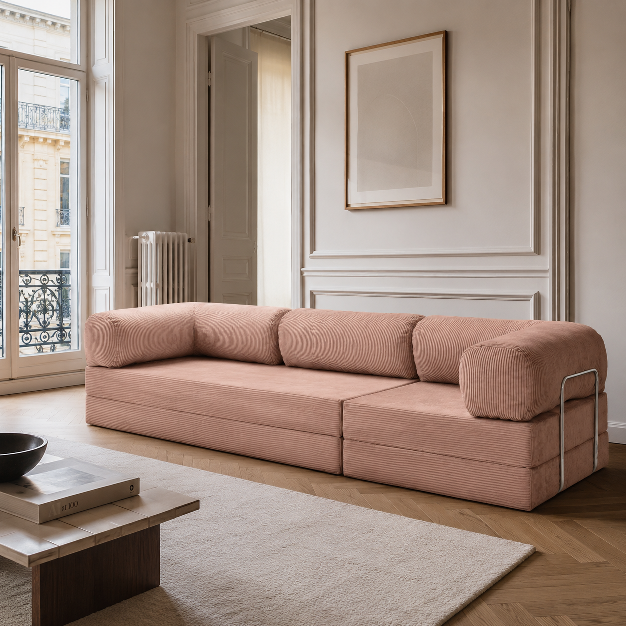 Canapé modulable velours côtelé 300X100 rose poudré