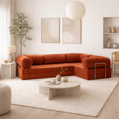 Canapé d'angle fermé modulable velours côtelé 300X200 rouge brique