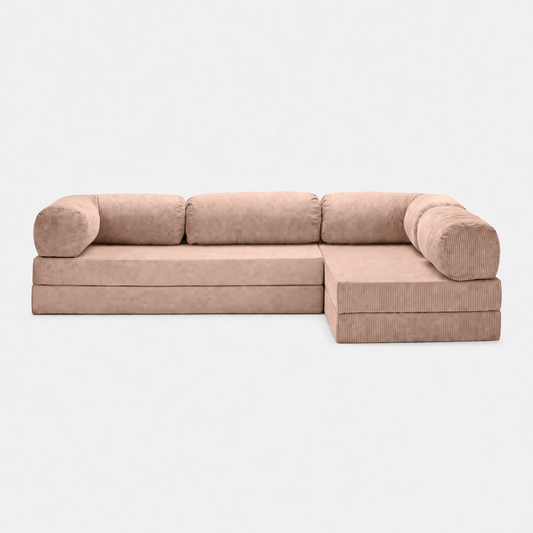 Canapé d'angle modulable velours côtelé 300X200 rose poudré