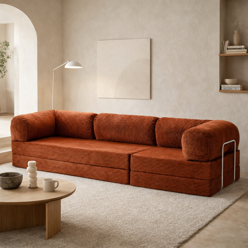Canapé modulable velours côtelé 300X100 rouge brique