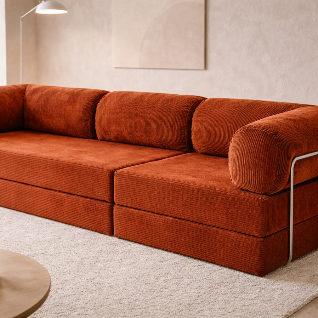 Canapé modulable velours côtelé 300X100 rouge brique