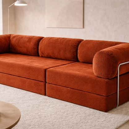 Canapé modulable velours côtelé 300X100 rouge brique