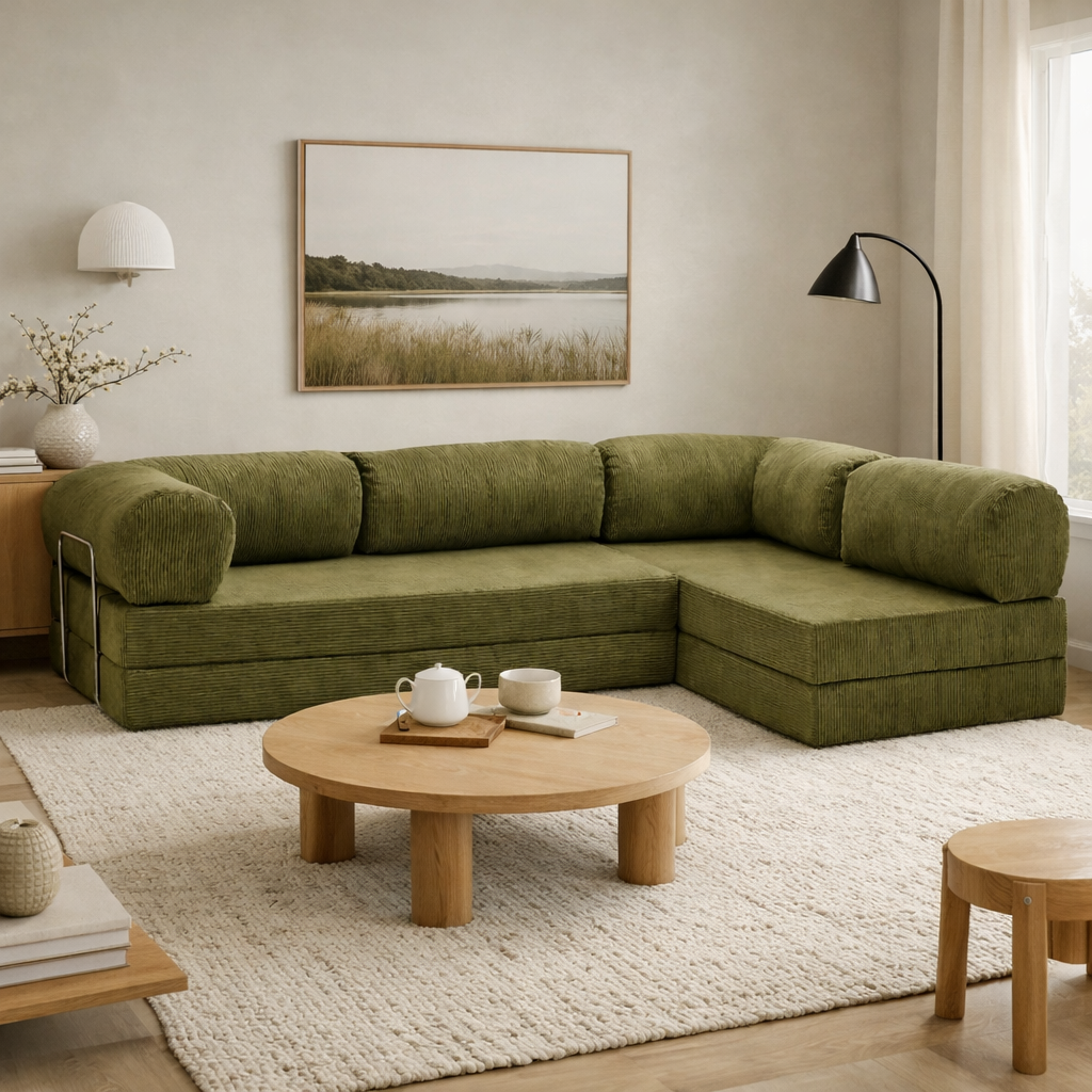 Canapé d'angle modulable velours côtelé 300X200 vert olive