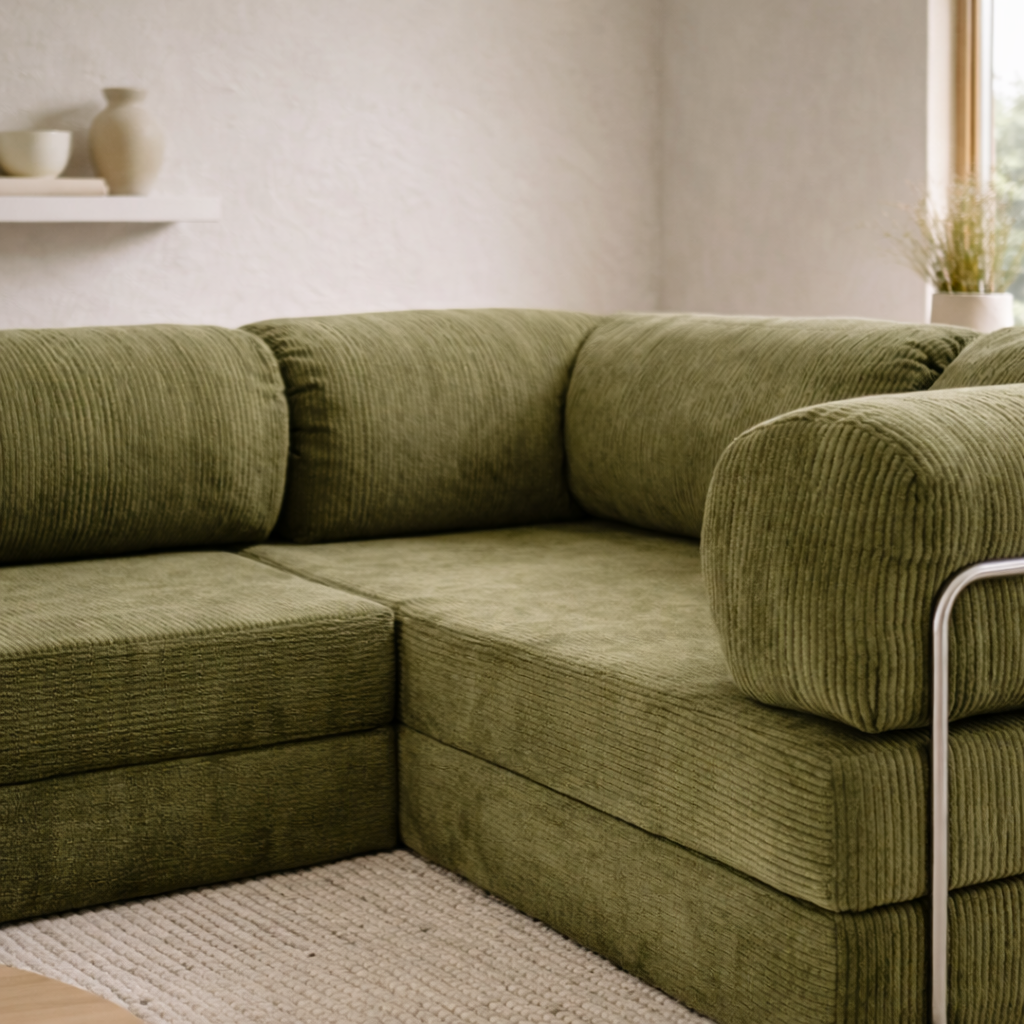 Canapé d'angle fermé modulable velours côtelé 300X200 vert olive