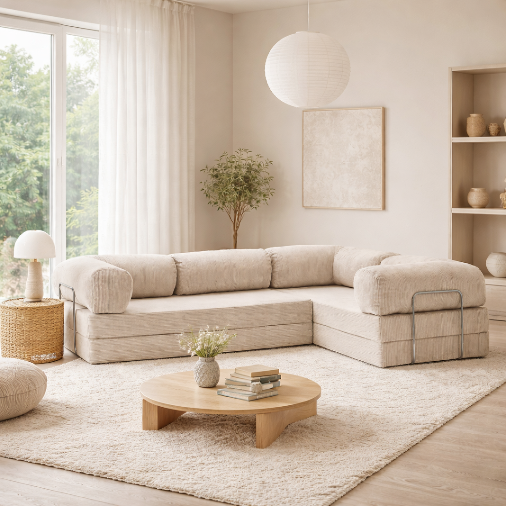 Canapé d'angle fermé modulable velours côtelé 300X200 blanc givre