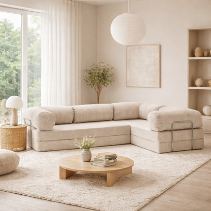 Canapé d'angle fermé modulable velours côtelé 300X200 blanc givre