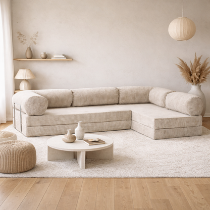 Canapé d'angle modulable velours côtelé 300X200 blanc givre