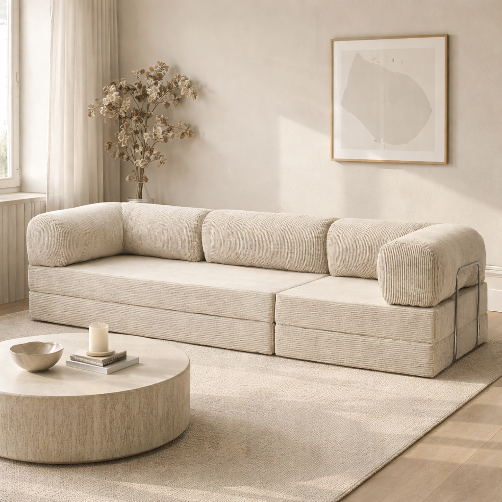 Canapé modulable velours côtelé 300X100 blanc givre