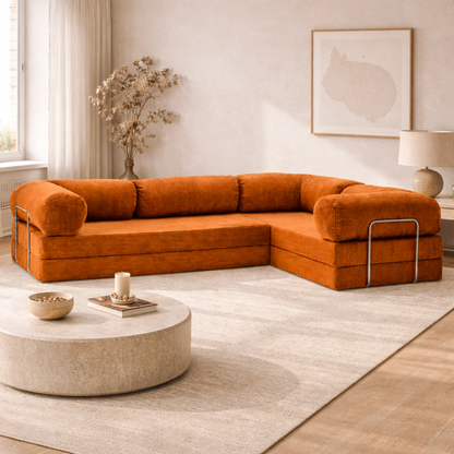 Canapé d'angle fermé modulable velours côtelé 300X200 brun/orangé