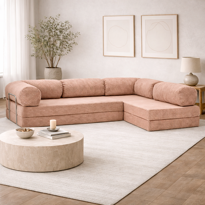 Canapé d'angle modulable velours côtelé 300X200 rose poudré