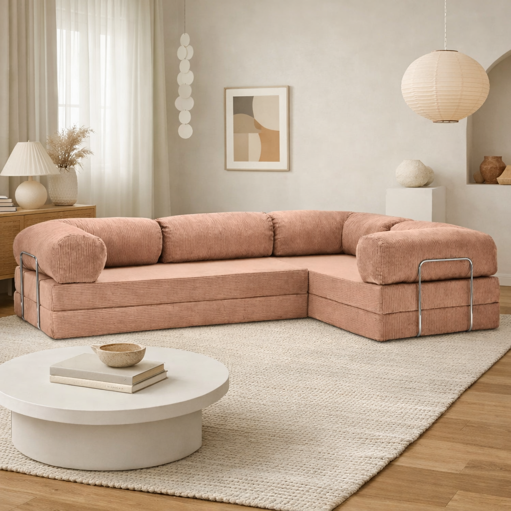 Canapé d'angle fermé modulable velours côtelé 300X200 rose poudré