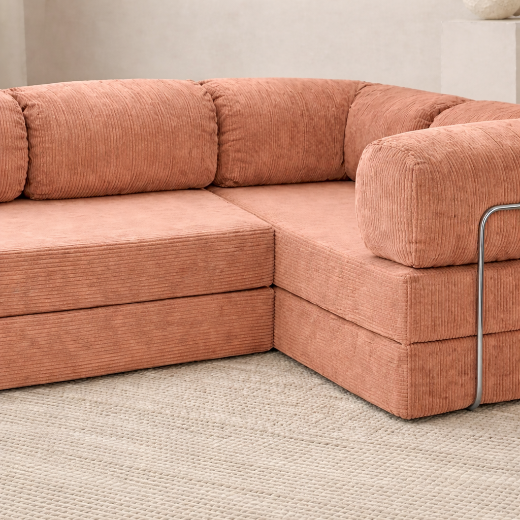 Canapé d'angle fermé modulable velours côtelé 300X200 rose poudré