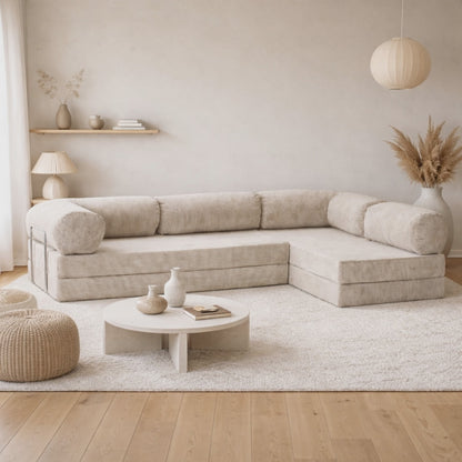 Canapé d'angle modulable velours côtelé 300X200 blanc givre