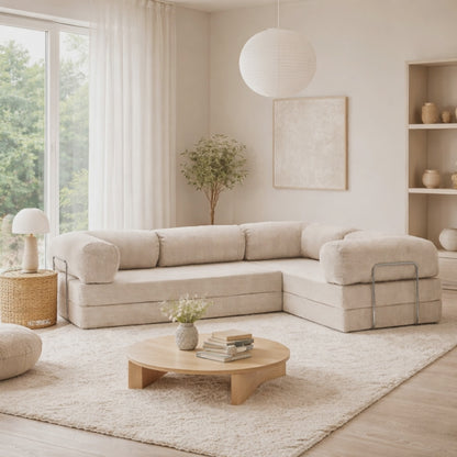 Canapé d'angle fermé modulable velours côtelé 300X200 blanc givre